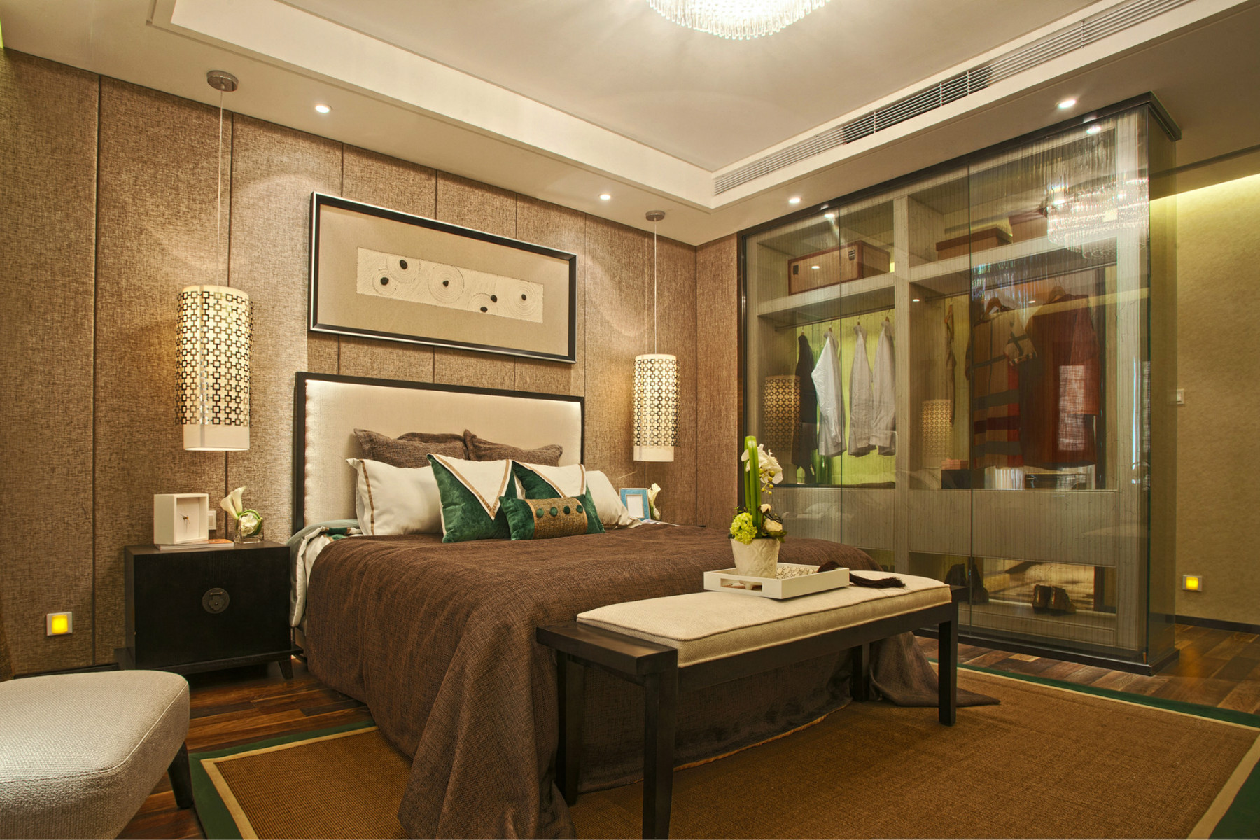 中式风格,140平米以上装修,大户型,20万以上装修,卧室,卧室背景墙,装饰画,暖色调