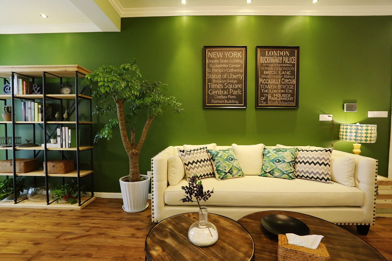 混搭风格,10-15万装修,二居室装修,60平米装修,客厅,沙发背景墙,绿色
