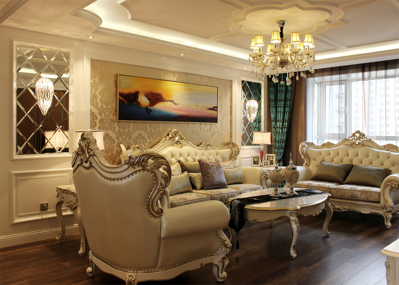 120平米装修,三居室装修,20万以上装修,客厅,欧式风格,沙发,沙发背景墙,暖色调,灯具