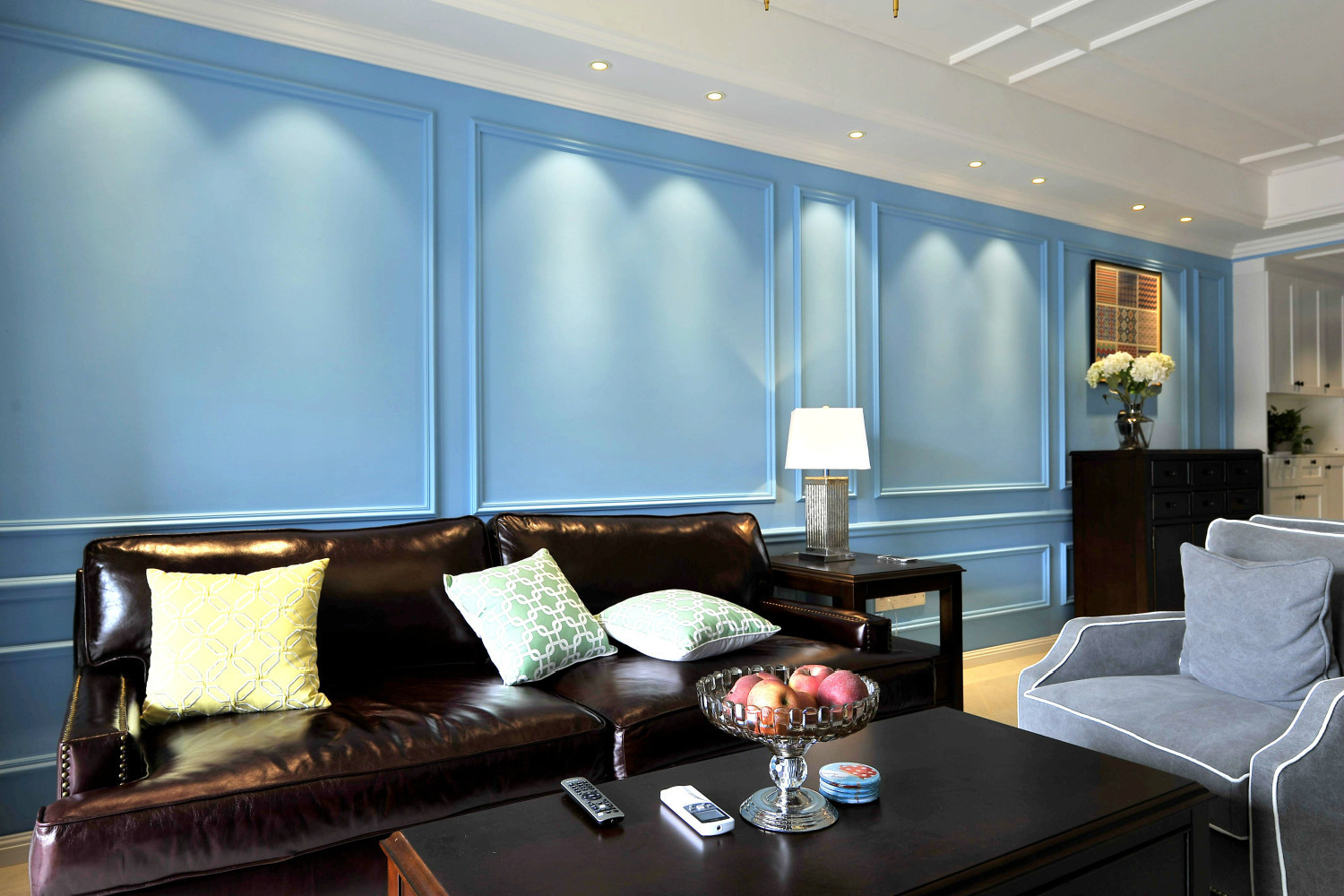 二居室装修,20万以上装修,100平米装修,美式风格,客厅,沙发背景墙,蓝色