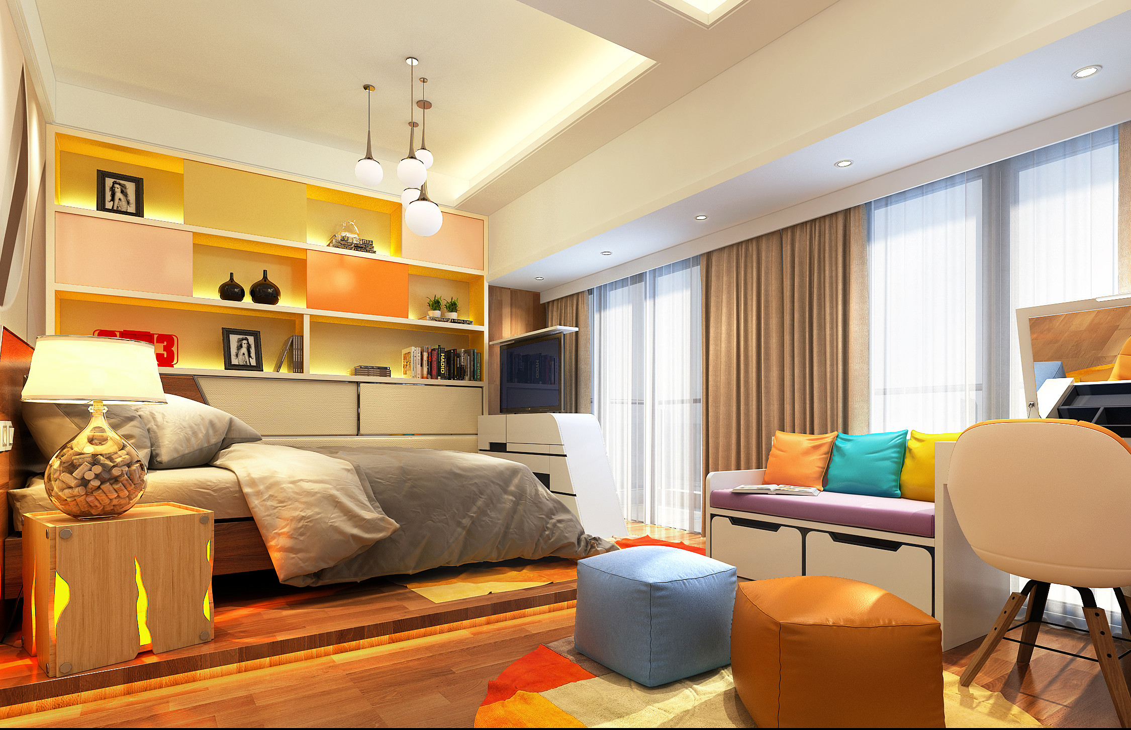 四房装修,15-20万装修,130平米装修,卧室,现代简约风格,暖色调
