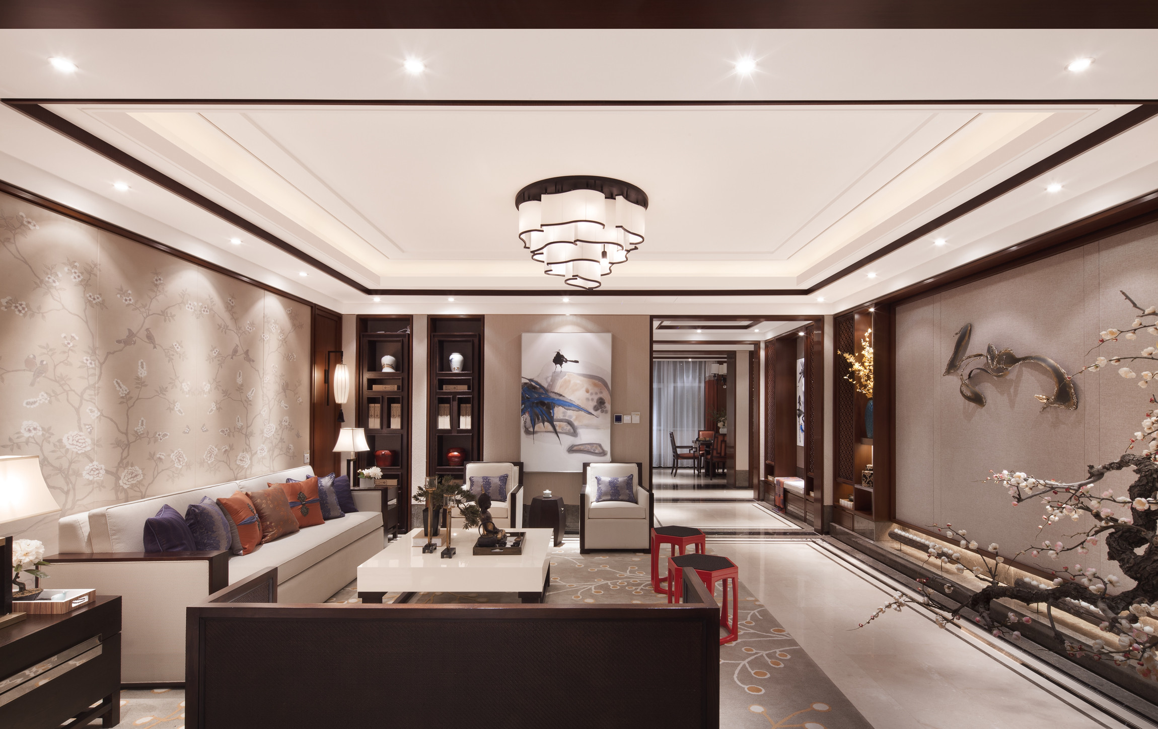 中式风格,20万以上装修,140平米以上装修,四房装修,客厅,沙发,吊顶,灰色
