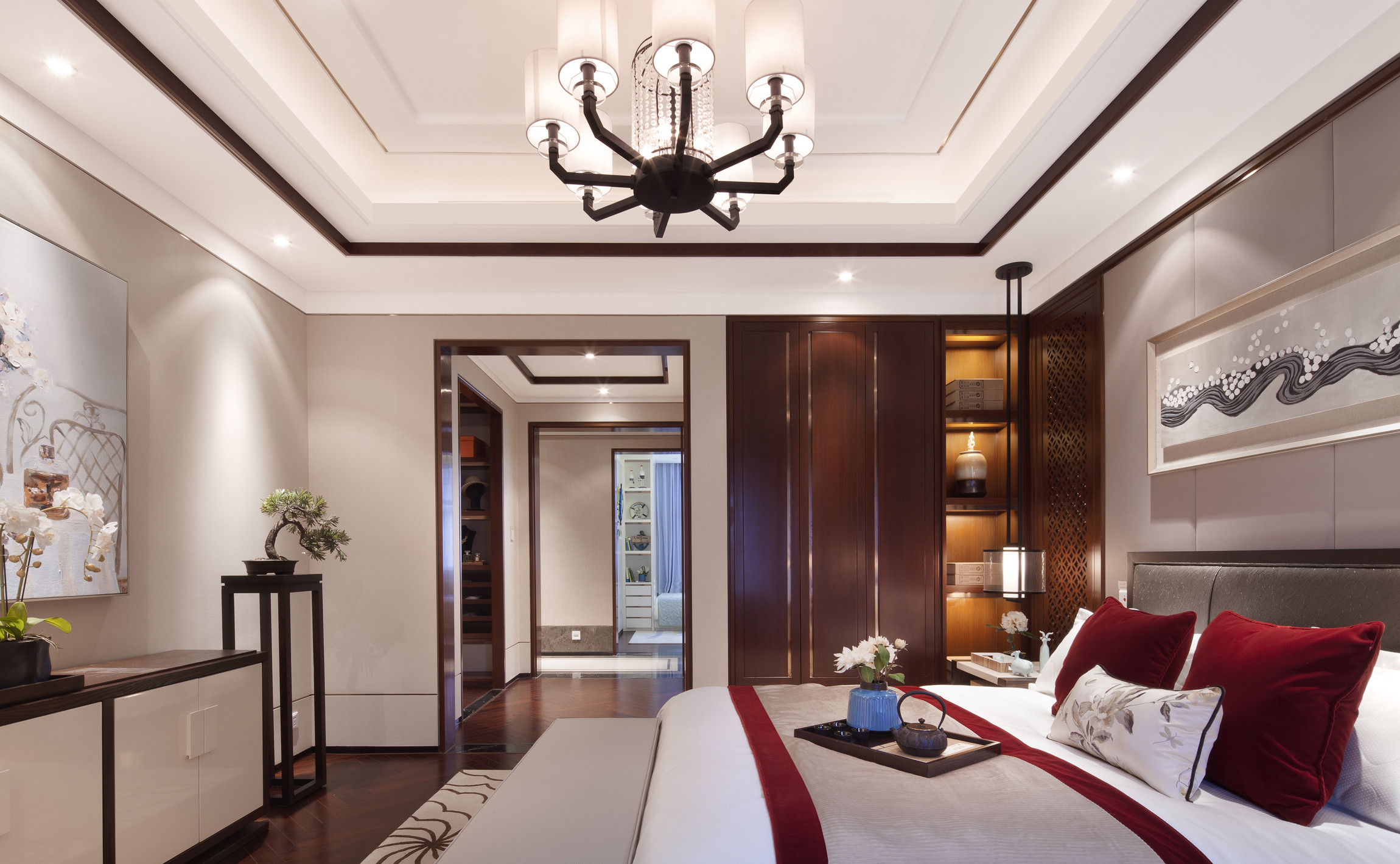 中式风格,20万以上装修,140平米以上装修,四房装修,卧室,床上用品,红色