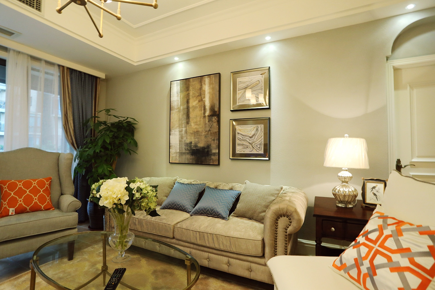 美式风格,110平米装修,三居室装修,20万以上装修,客厅,沙发,沙发背景墙,灰色