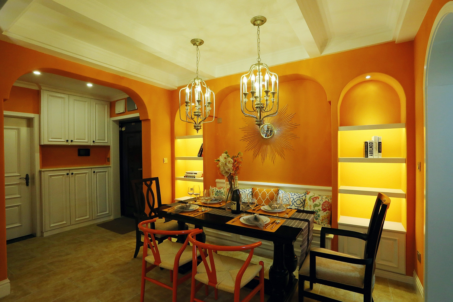 美式风格,110平米装修,三居室装修,20万以上装修,餐厅,餐厅背景墙,橙色
