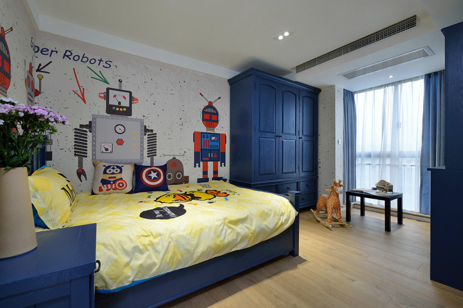 三居室装修,20万以上装修,130平米装修,儿童房,北欧风格,卧室背景墙,衣柜,蓝色