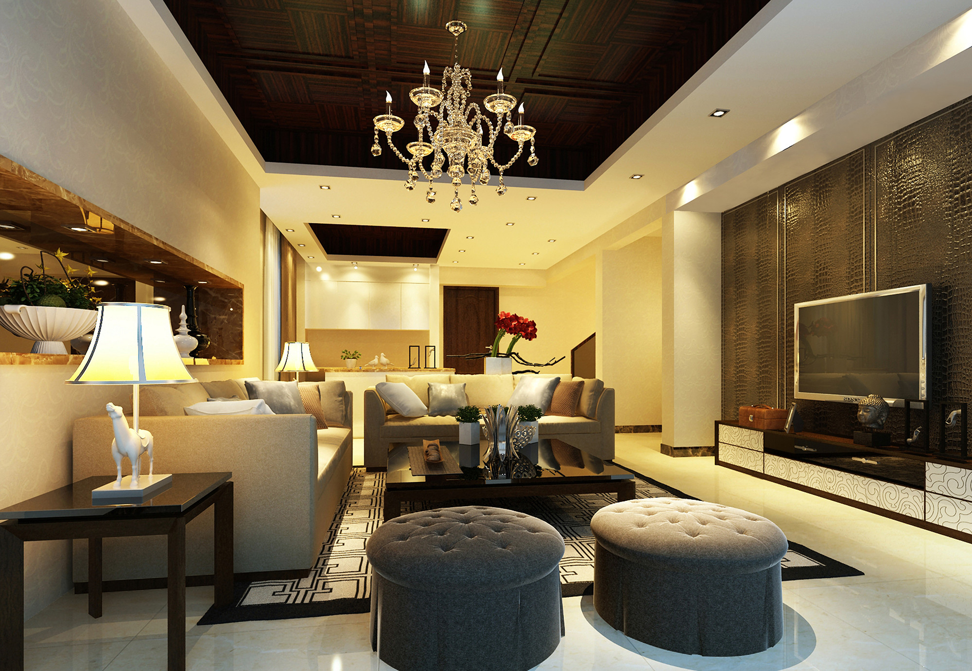 中式风格,别墅装修,富裕型装修,140平米以上装修,客厅,吊顶,沙发,黑白