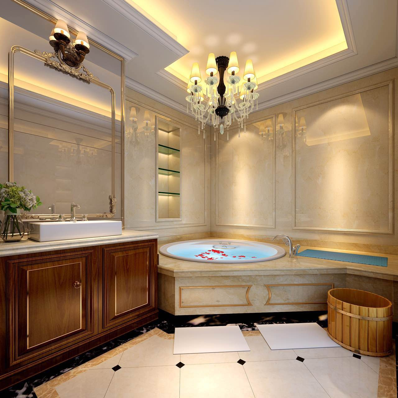 别墅装修,豪华型装修,140平米以上装修,卫生间,欧式风格,浴缸,暖色调