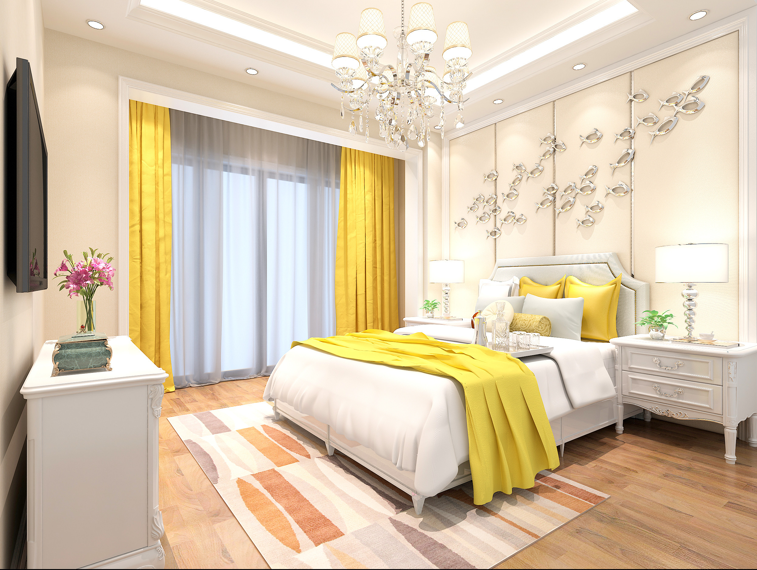 别墅装修,130平米装修,20万以上装修,卧室,法式风格,窗帘,卧室背景墙,黄色