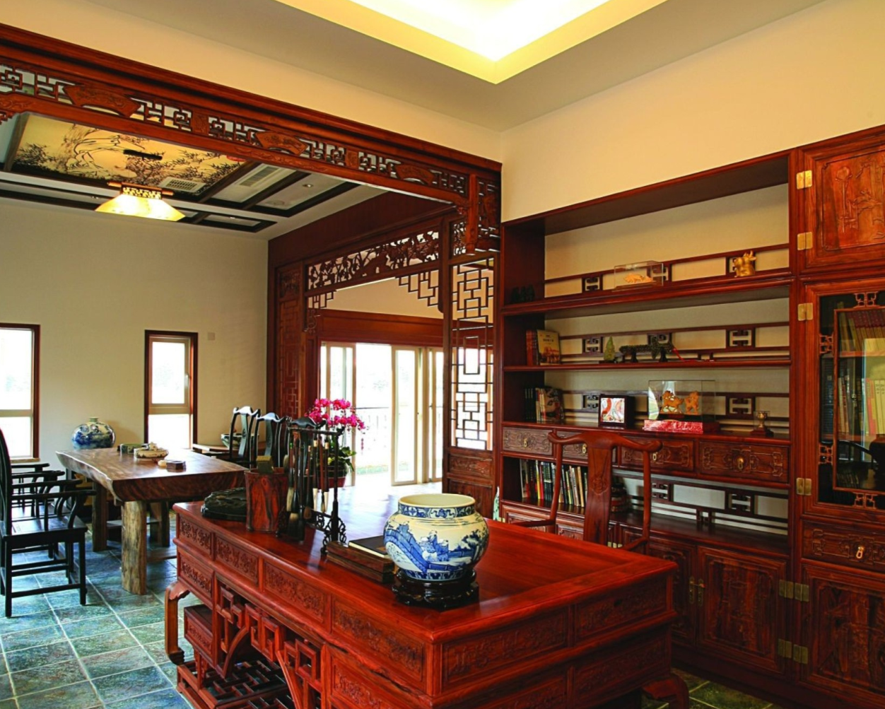中式风格,别墅装修,富裕型装修,140平米以上装修,书房,书桌,红色