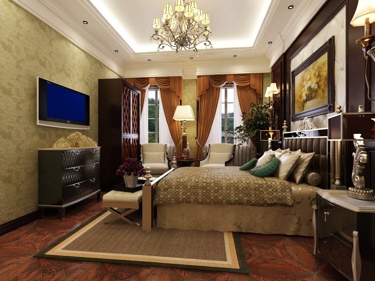 美式风格,20万以上装修,别墅装修,140平米以上装修,卧室,电视背景墙,暖色调