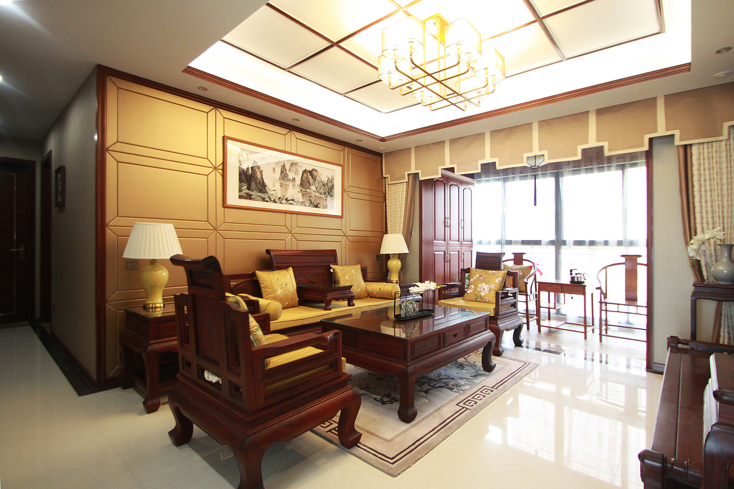中式风格,四房装修,130平米装修,20万以上装修,客厅,沙发背景墙,黄色