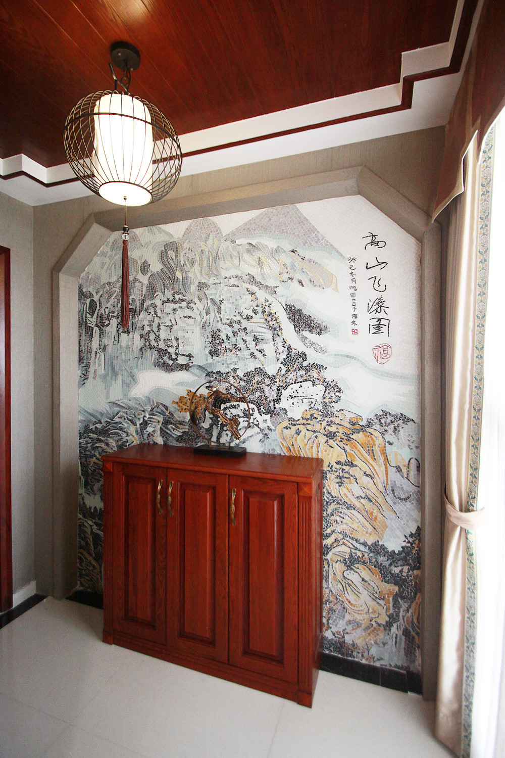 中式风格,四房装修,130平米装修,20万以上装修,玄关,玄关柜,红色