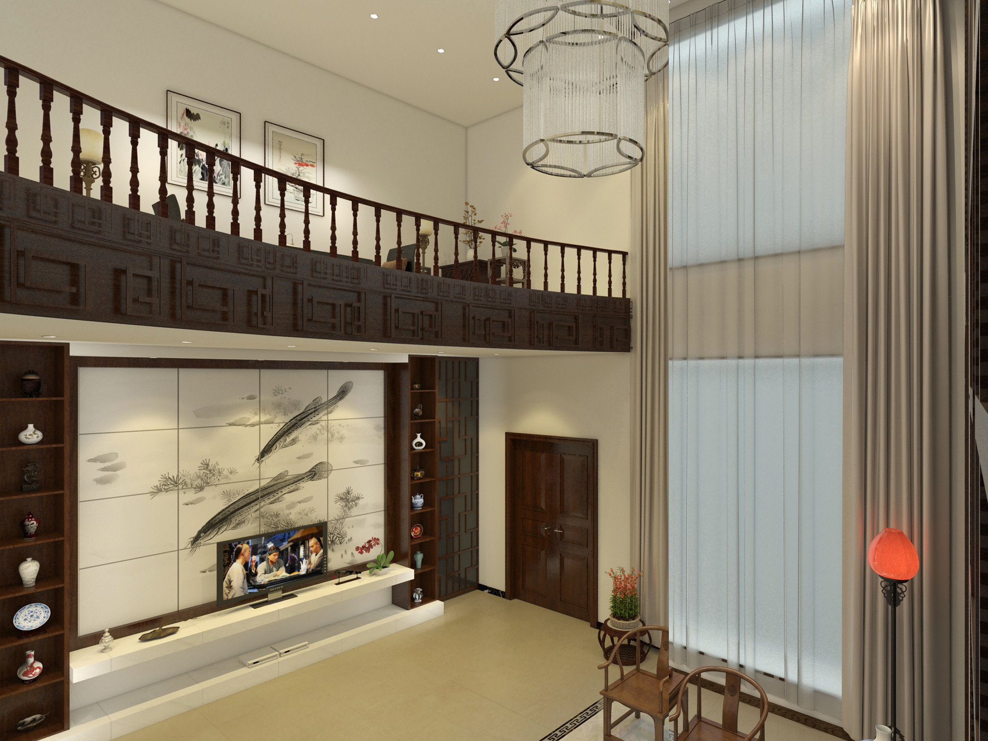 中式风格,别墅装修,20万以上装修,140平米以上装修,客厅,电视背景墙,白色