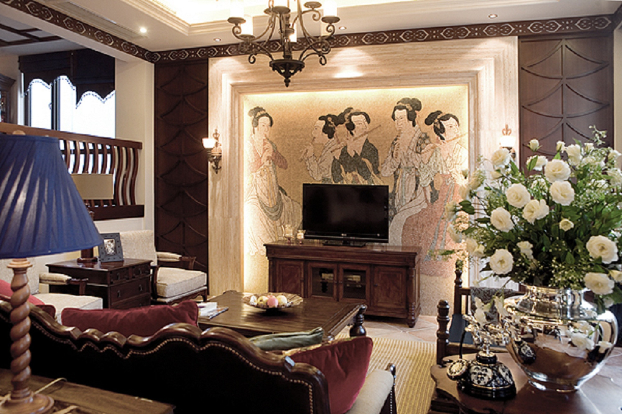 东南亚风格,别墅装修,140平米以上装修,20万以上装修,客厅,电视背景墙,暖色调