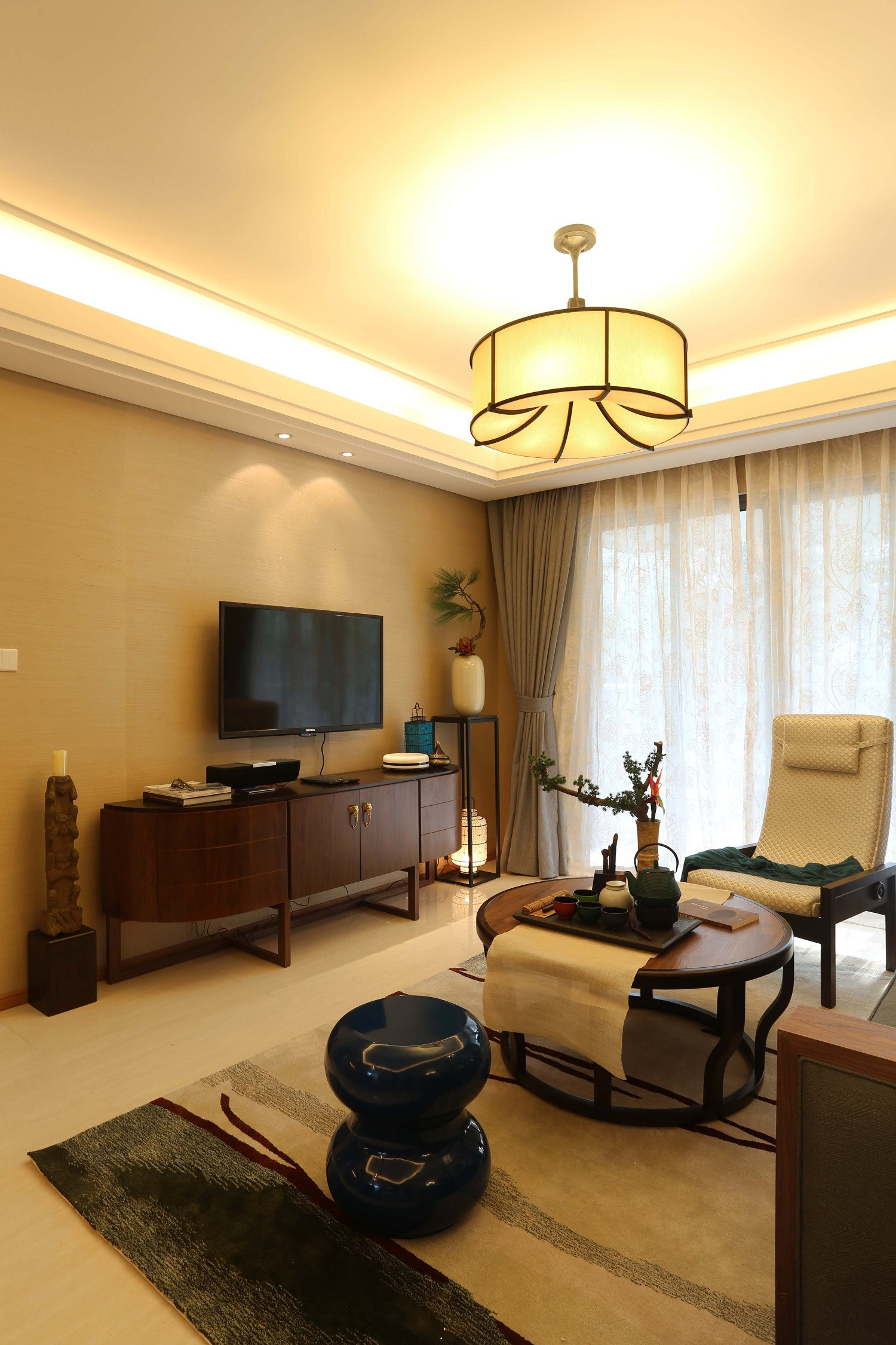 中式风格,100平米装修,20万以上装修,三居室装修,客厅,电视背景墙,咖啡色