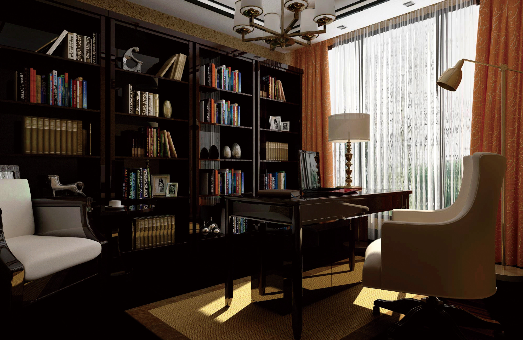 中式风格,别墅装修,20万以上装修,140平米以上装修,书房,吧台,书架,暖色调