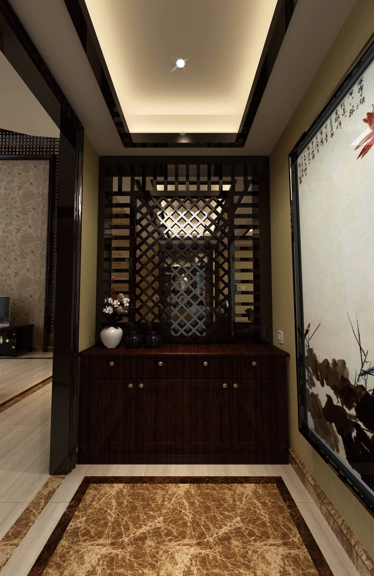 中式风格,别墅装修,20万以上装修,140平米以上装修,玄关,玄关柜,隔断,褐色