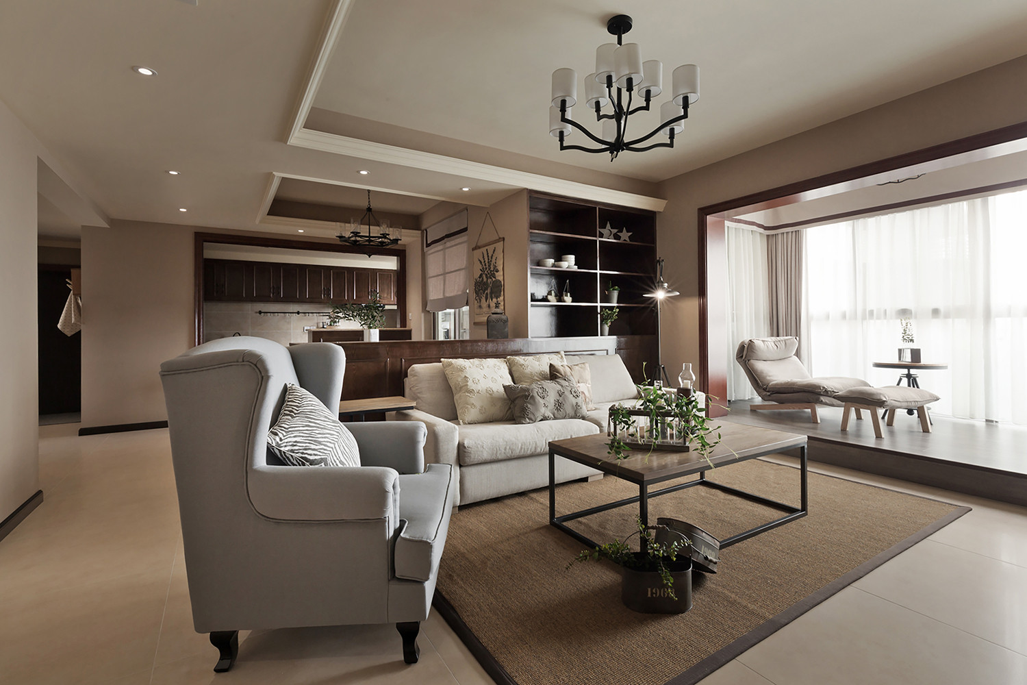 美式风格,二居室装修,140平米以上装修,20万以上装修,客厅,沙发,地毯,咖啡色