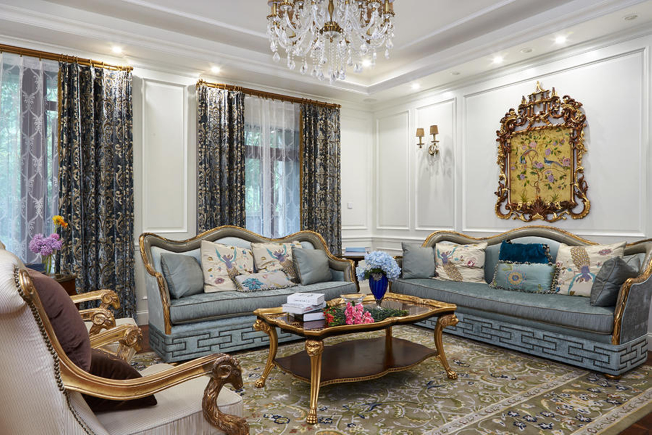 别墅装修,20万以上装修,客厅,法式风格,沙发,蓝色