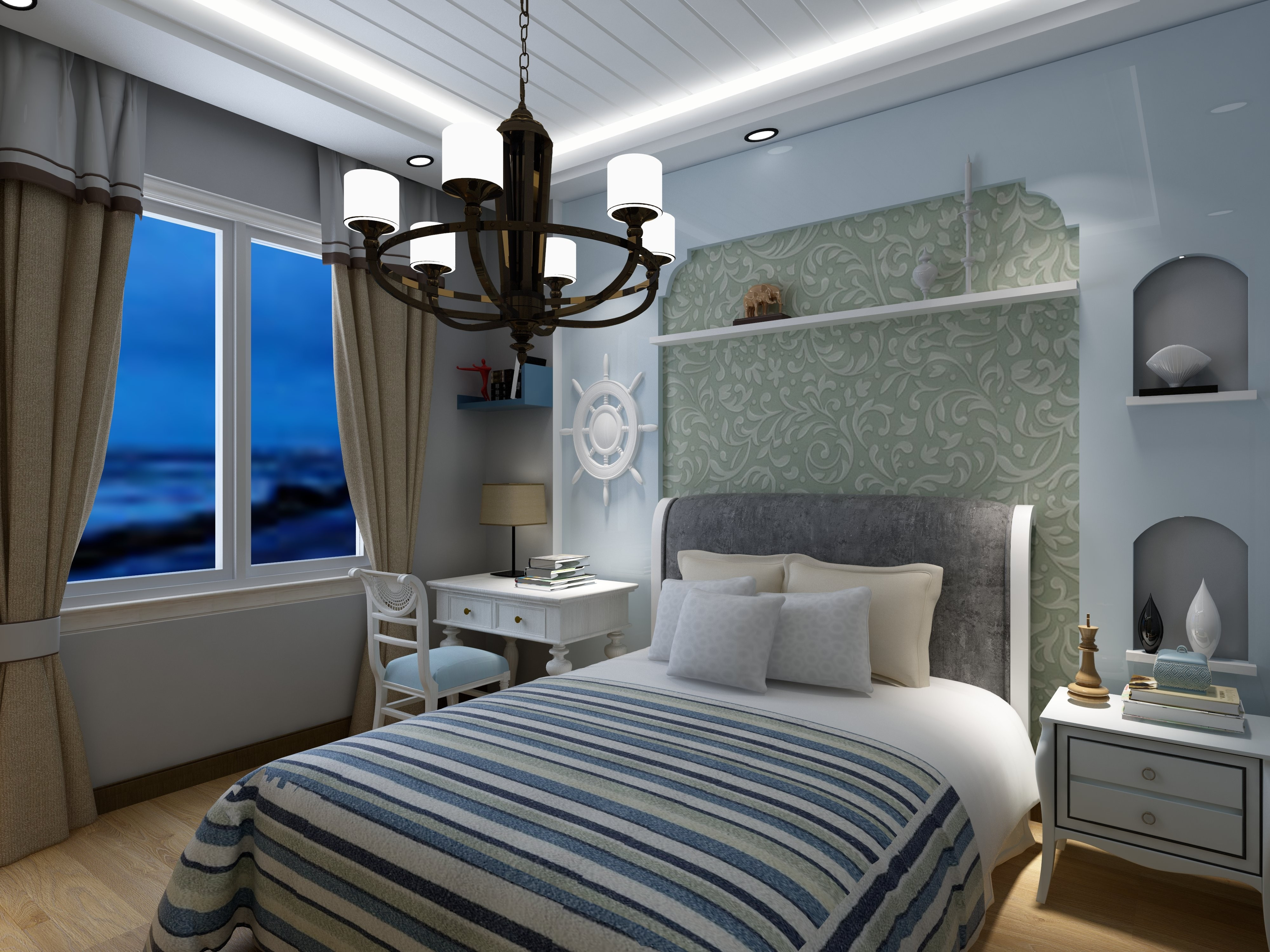 地中海风格,15-20万装修,100平米装修,三居室装修,卧室,卧室背景墙,床上用品,蓝色