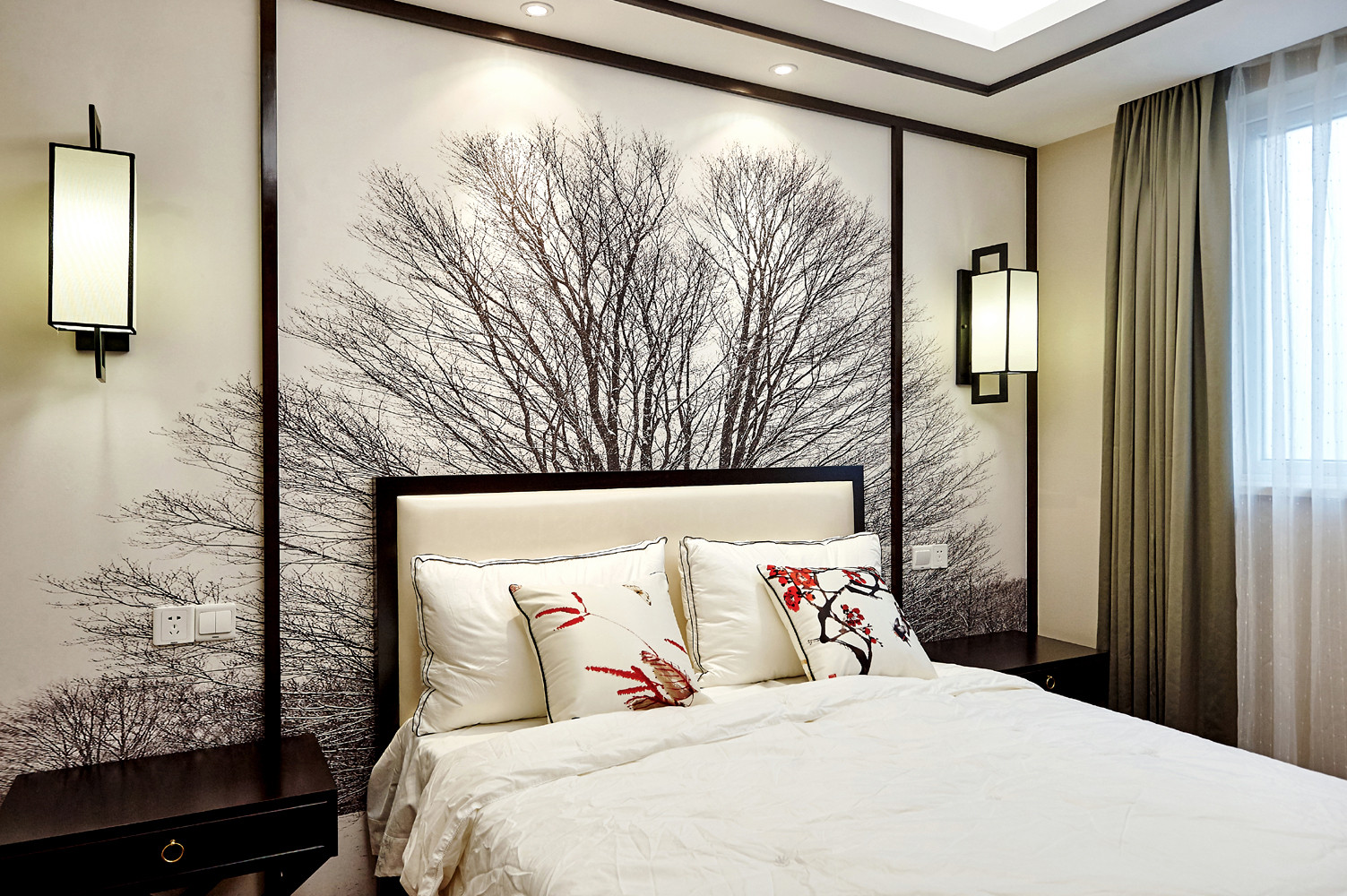 中式风格,四房装修,140平米以上装修,20万以上装修,卧室,壁纸,灯具,背景墙,米色