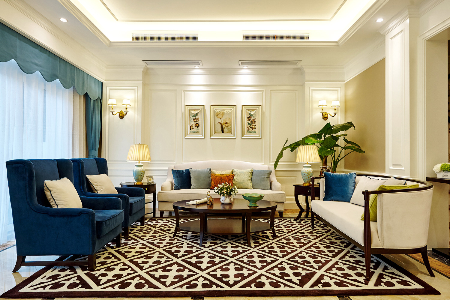 美式风格,别墅装修,140平米以上装修,20万以上装修,客厅,沙发,米色,蓝色