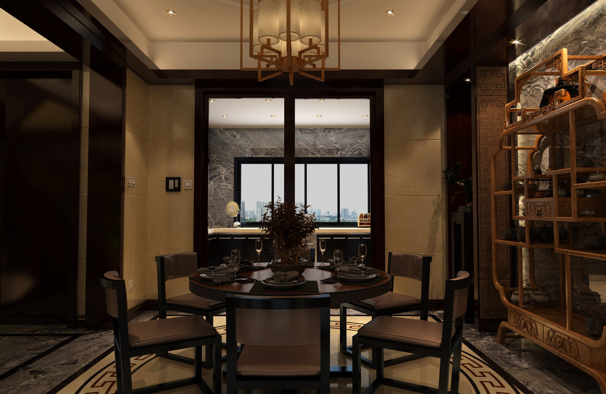 中式风格,别墅装修,20万以上装修,140平米以上装修,餐厅,餐桌,灯具
