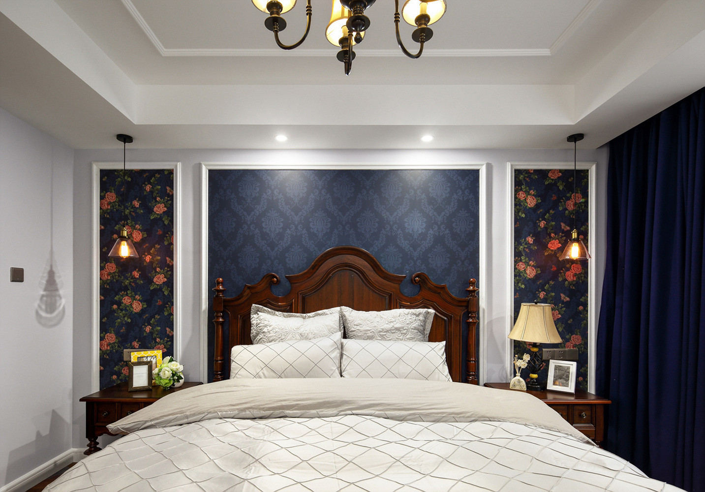 美式风格,三居室装修,140平米以上装修,20万以上装修,卧室,背景墙,蓝色