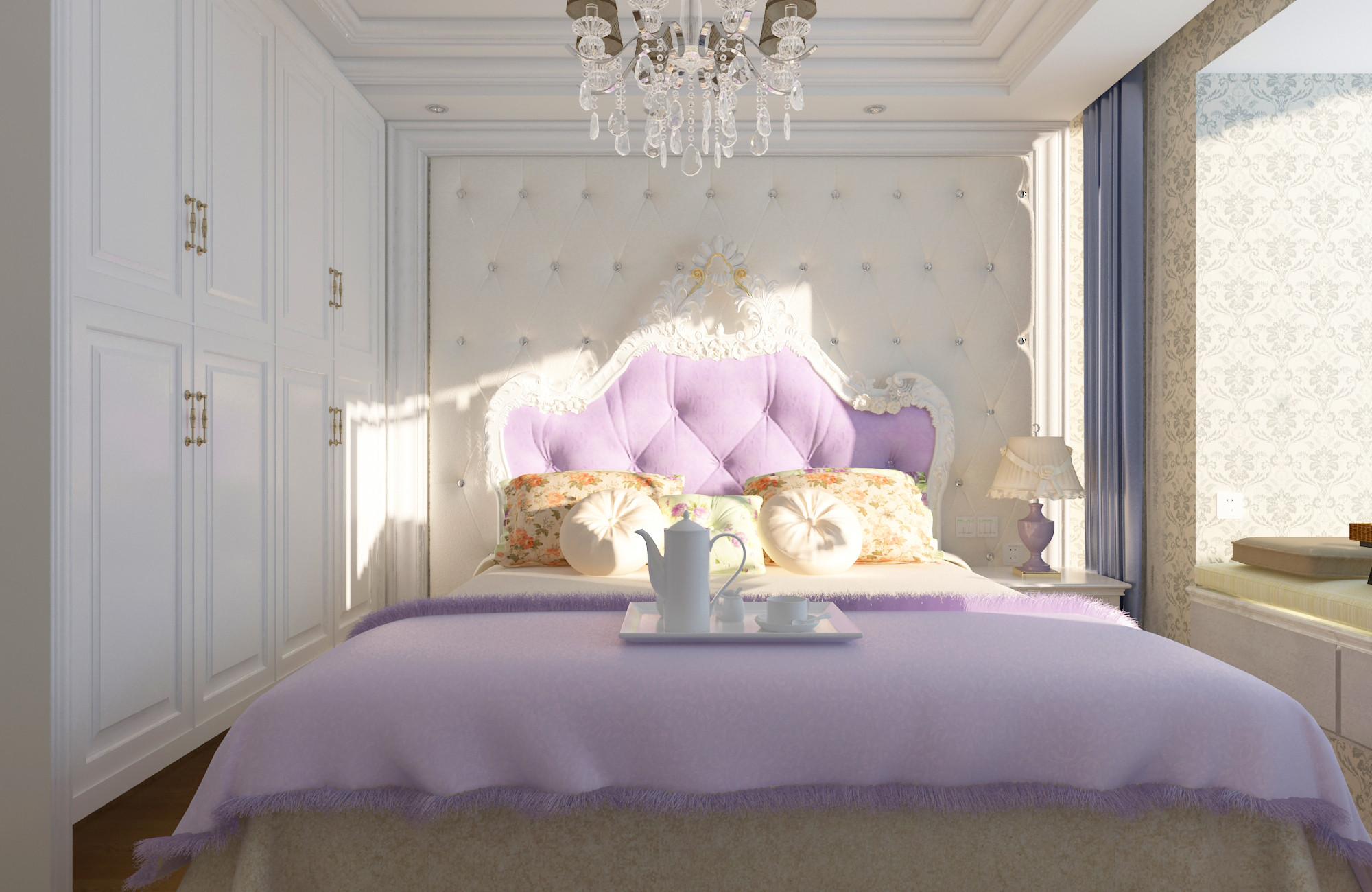 60平米装修,二居室装修,20万以上装修,卧室,简欧风格,卧室背景墙,紫色