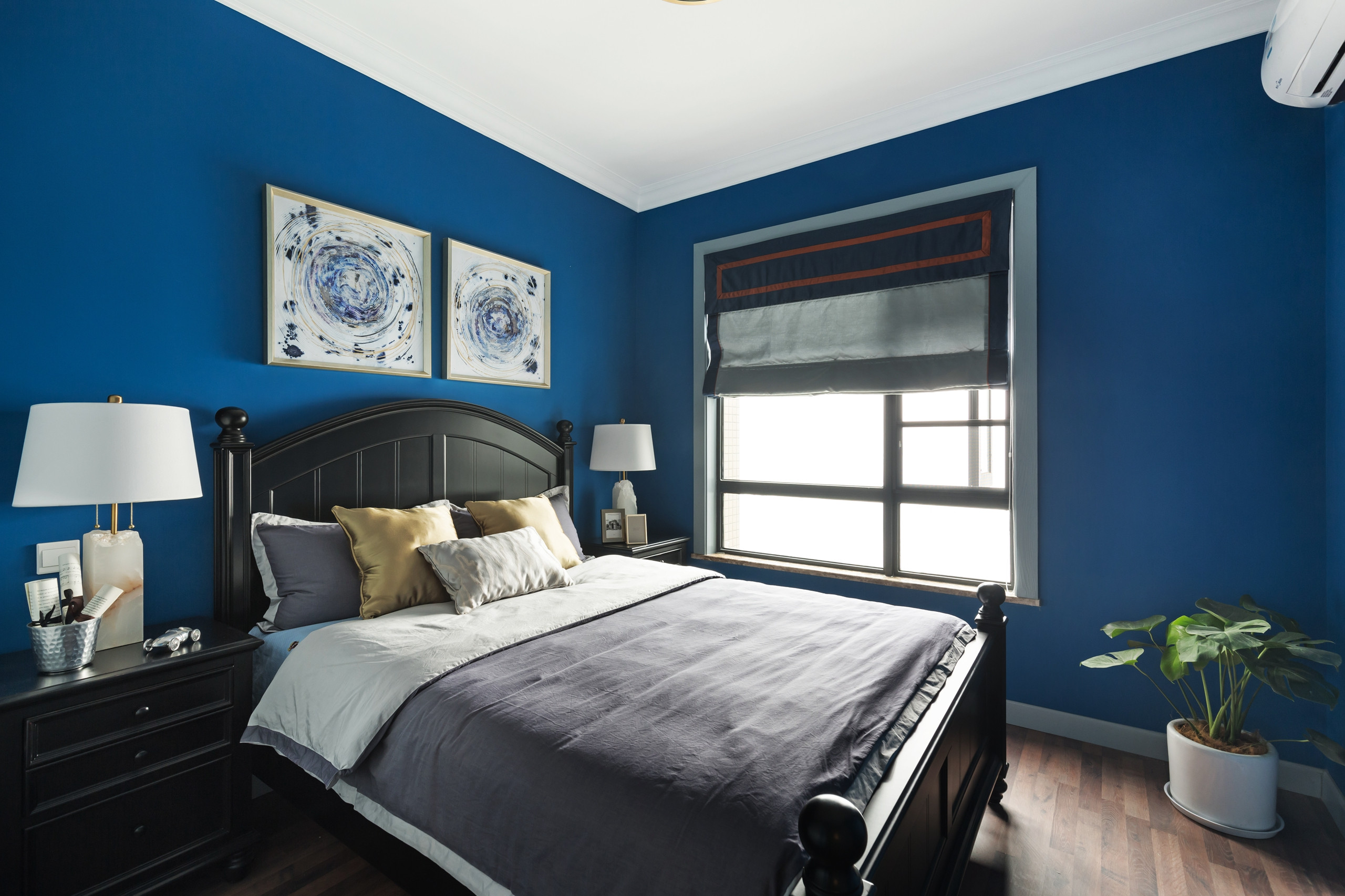 美式风格,80平米装修,20万以上装修,三居室装修,卧室,卧室背景墙,蓝色