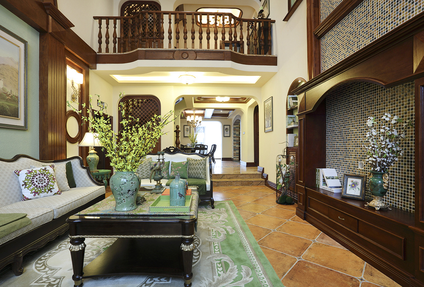 美式风格,别墅装修,复式装修,20万以上装修,客厅,茶几,地毯,绿色