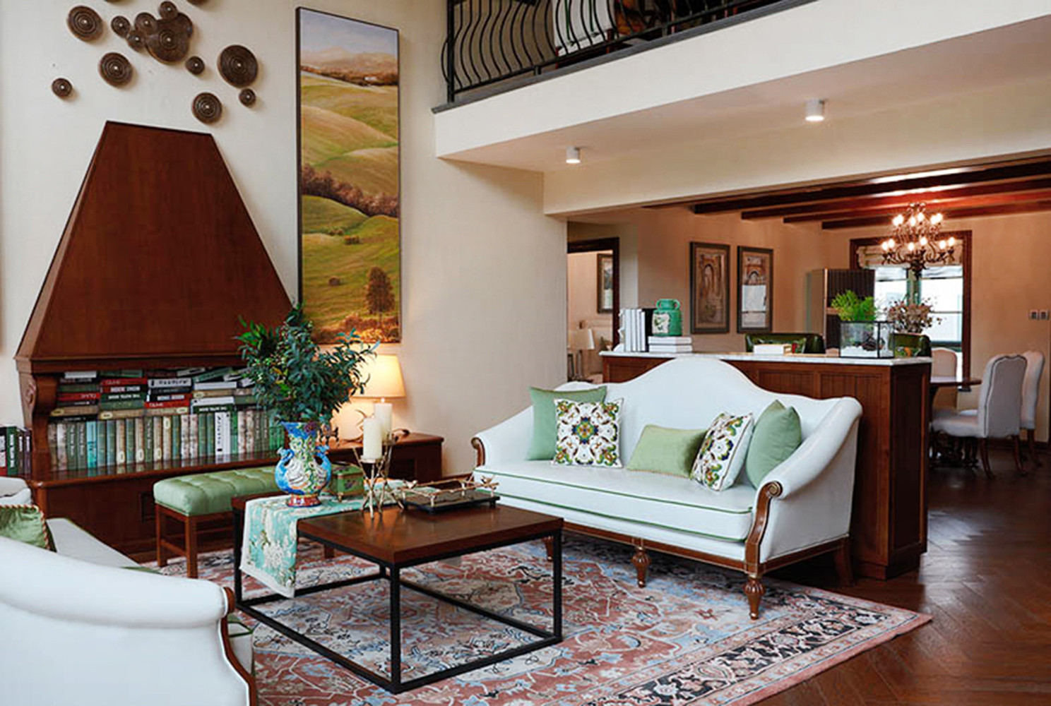 美式风格,别墅装修,20万以上装修,140平米以上装修,客厅,沙发,绿色,白色,抱枕