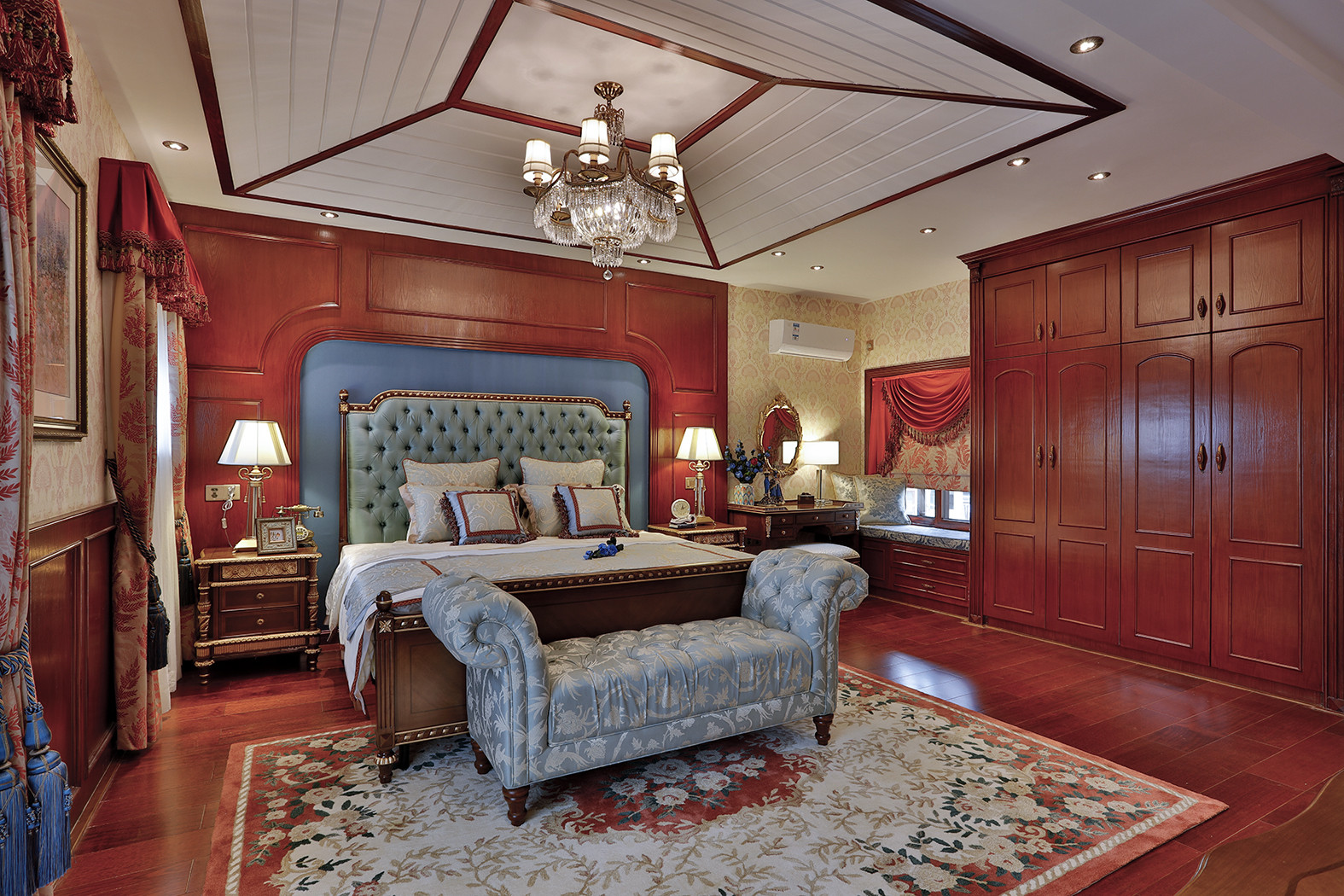 美式风格,140平米以上装修,20万以上装修,复式装修,卧室,卧室背景墙,衣柜,红色
