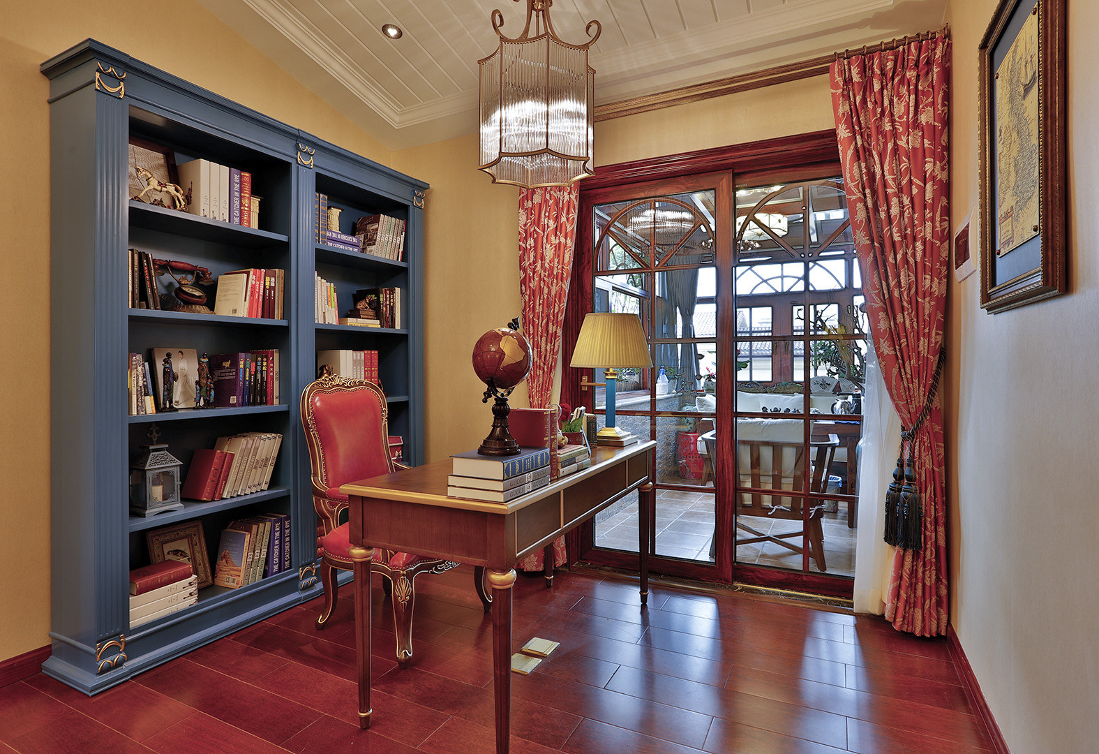 美式风格,140平米以上装修,20万以上装修,复式装修,书房,书柜,蓝色