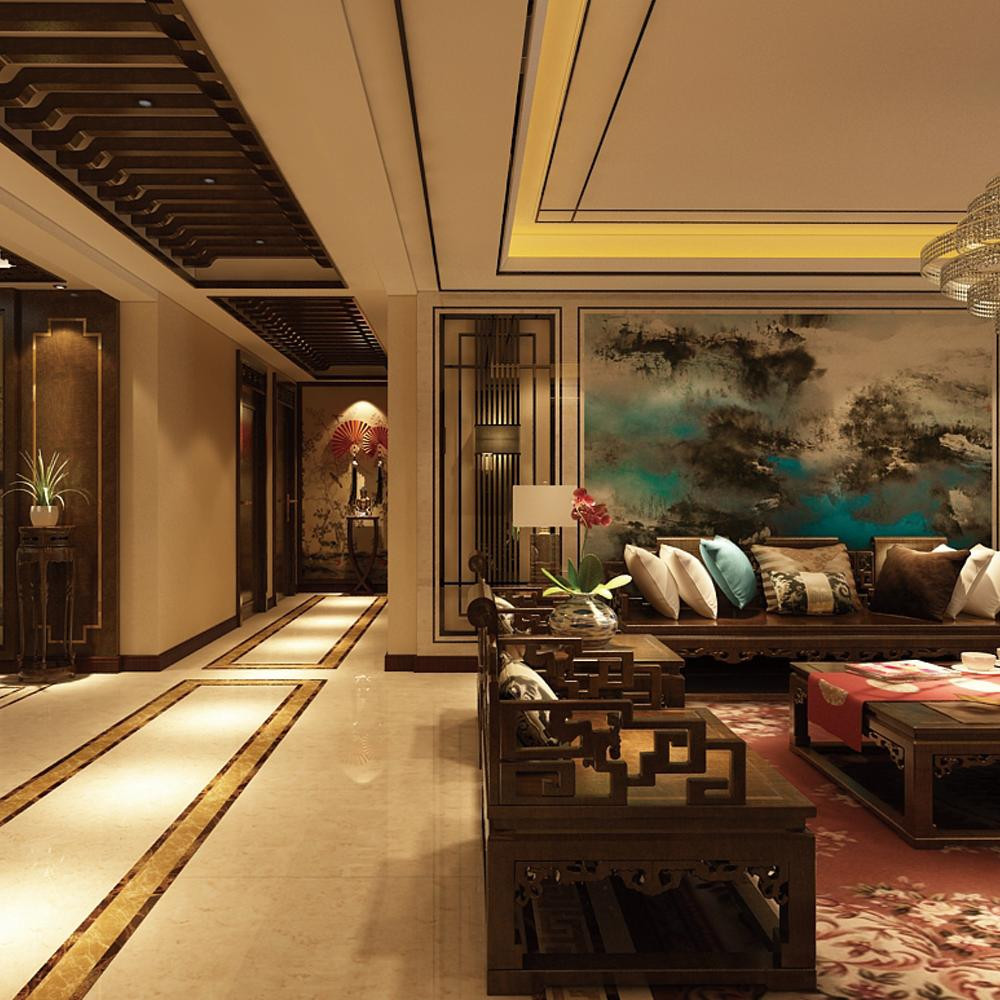 中式风格,20万以上装修,大户型,140平米以上装修,客厅,沙发,沙发背景墙,灰色
