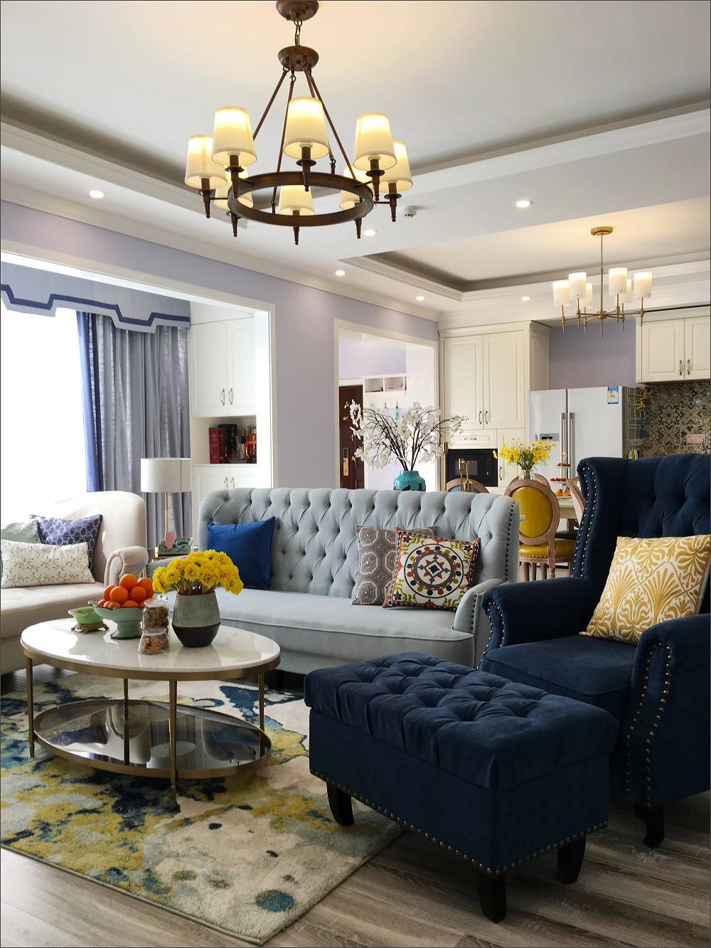 美式风格,20万以上装修,110平米装修,三居室装修,客厅,沙发,蓝色