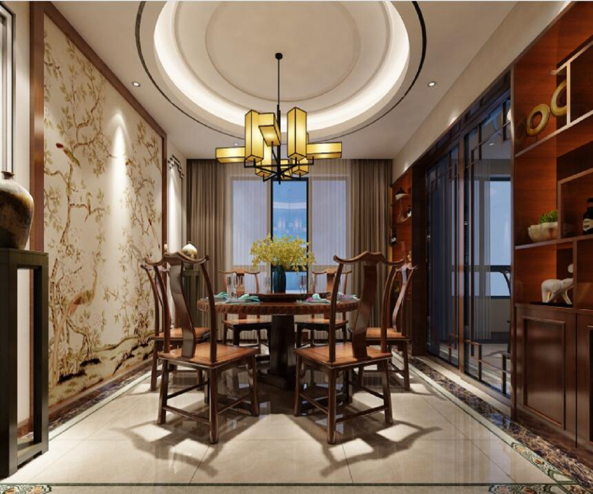中式风格,四房装修,140平米以上装修,20万以上装修,餐厅,餐厅背景墙,吊顶,灯具