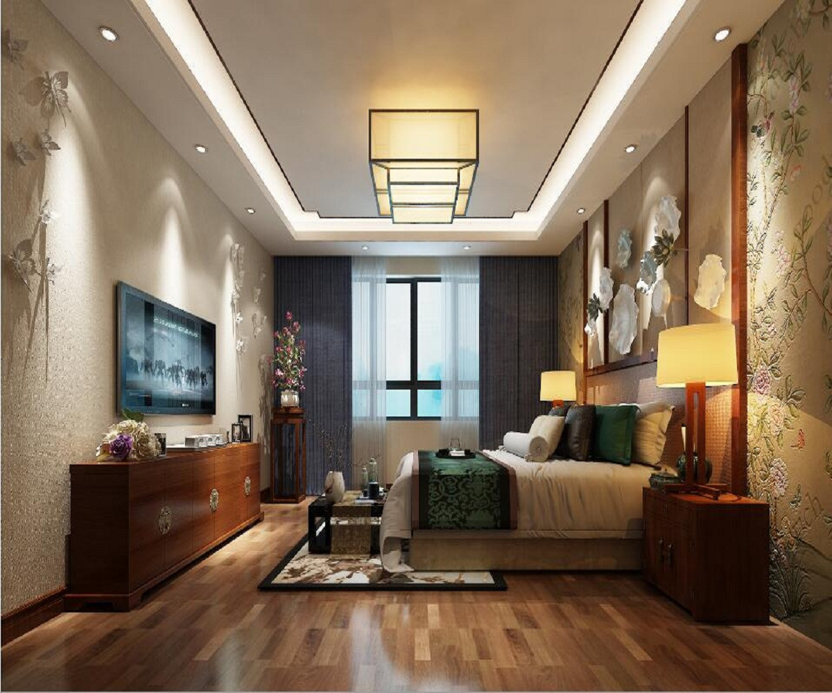 中式风格,四房装修,140平米以上装修,20万以上装修,卧室,卧室背景墙,暖色调