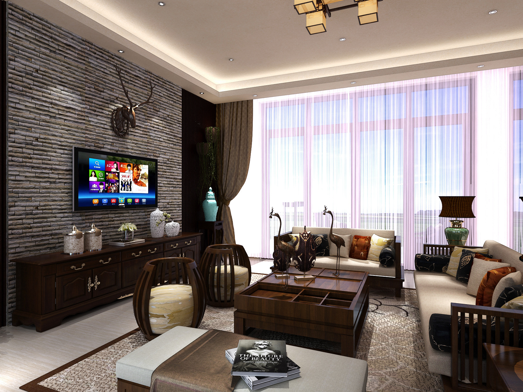 中式风格,140平米以上装修,20万以上装修,别墅装修,客厅,电视背景墙,沙发,壁纸,茶几,灰色