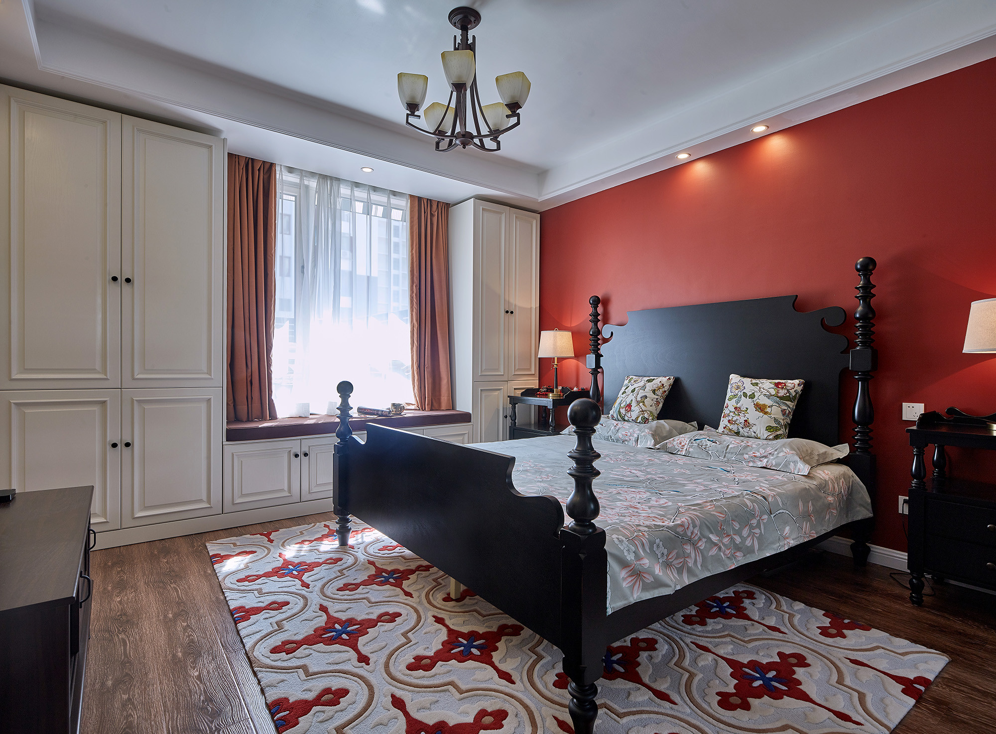 美式风格,三居室装修,130平米装修,20万以上装修,卧室,卧室背景墙,红色