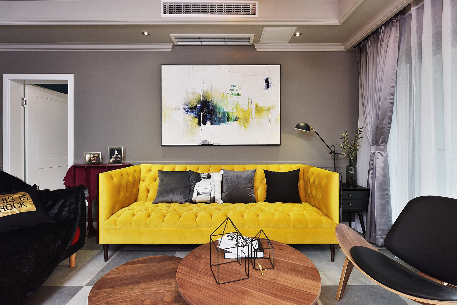 三居室装修,100平米装修,20万以上装修,客厅,北欧风格,沙发,沙发背景墙,黄色