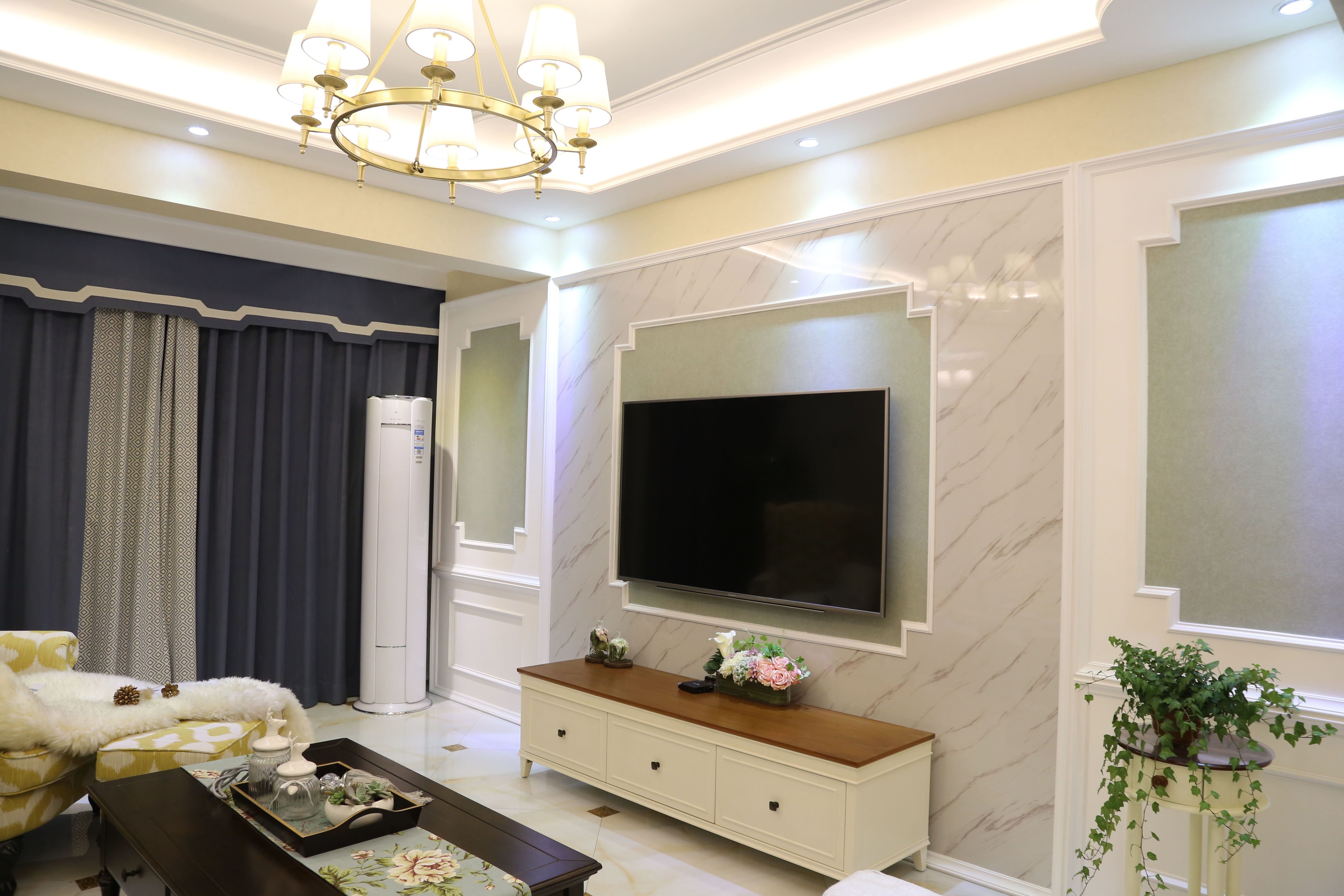 三居室装修,110平米装修,美式风格,15-20万装修,客厅,电视背景墙,白色