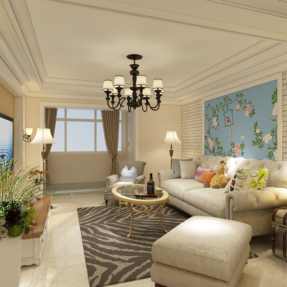 美式风格,三居室装修,10-15万装修,130平米装修,客厅,沙发,沙发背景墙,蓝色