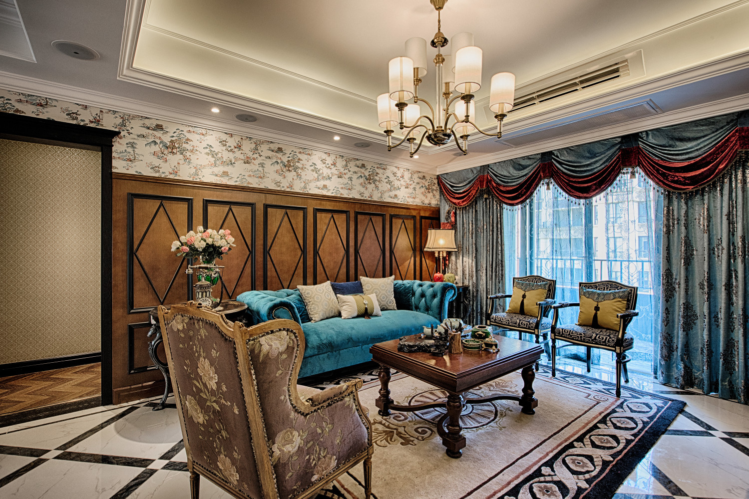 四房装修,120平米装修,20万以上装修,客厅,沙发,窗帘,新古典风格,沙发背景墙,蓝色