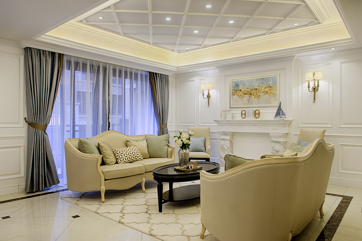 美式风格,140平米以上装修,复式装修,20万以上装修,客厅,吊顶,沙发,白色