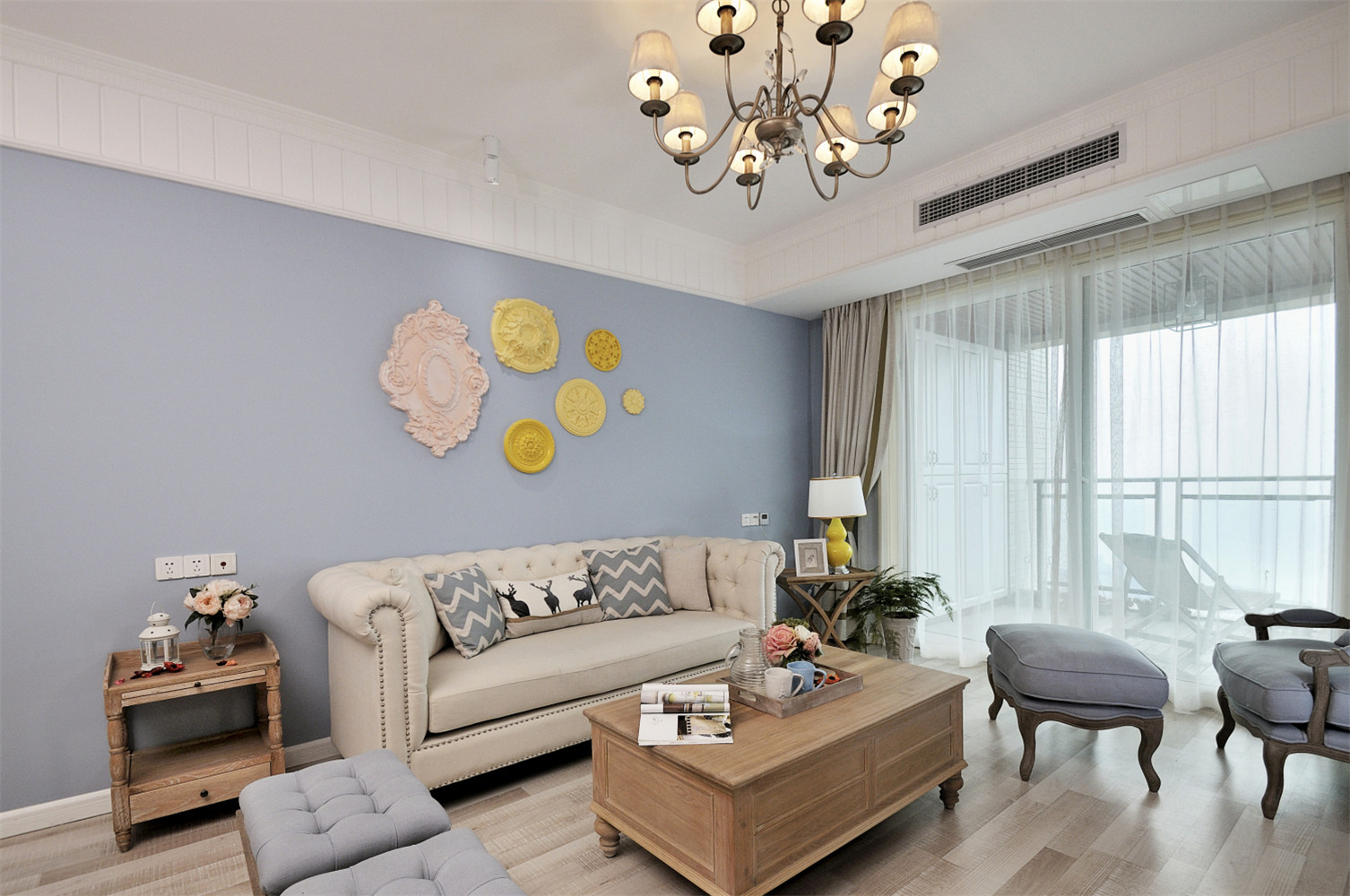 120平米装修,四房装修,20万以上装修,客厅,法式风格,沙发背景墙,蓝色