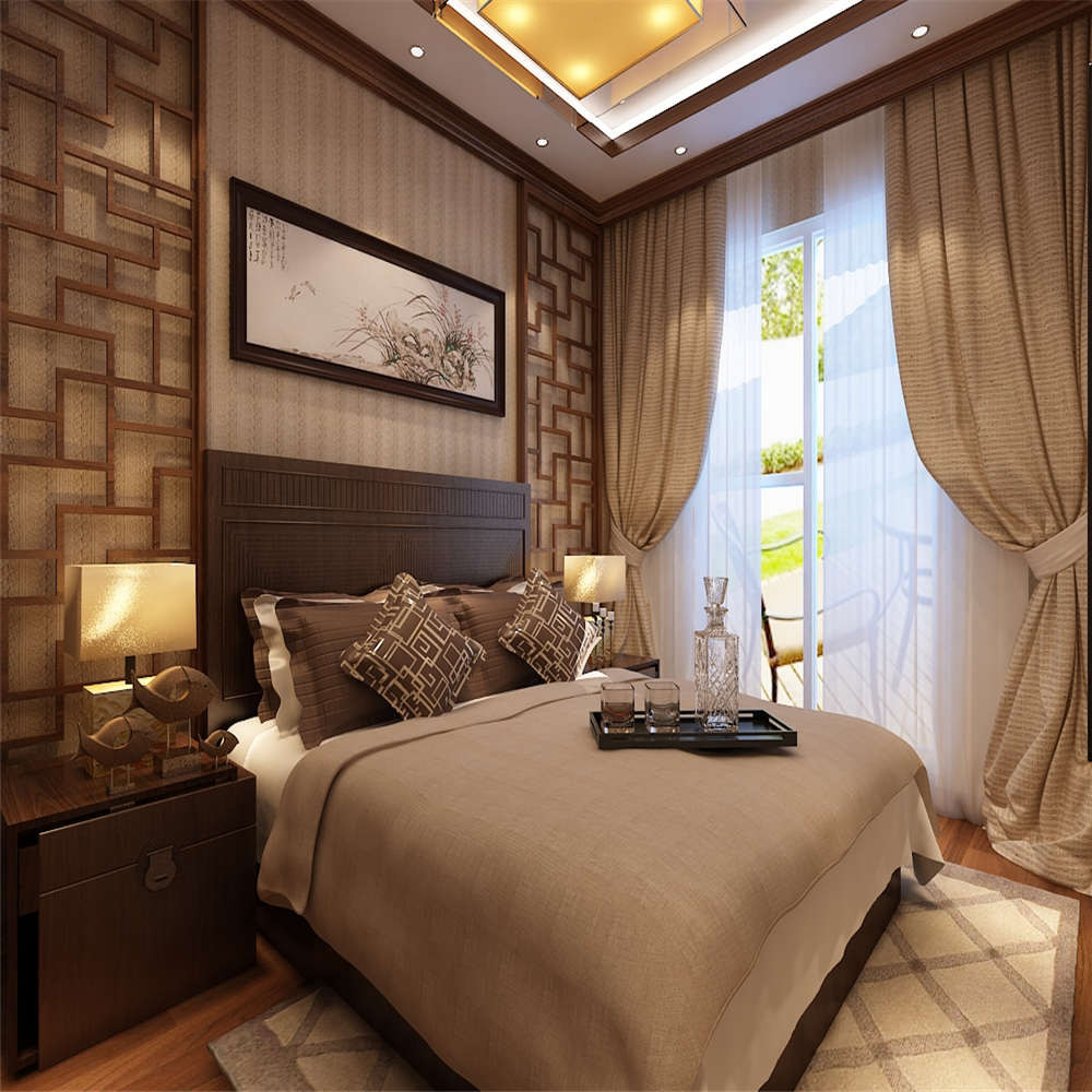 中式风格,四房装修,140平米以上装修,20万以上装修,卧室,背景墙,窗帘,咖啡色
