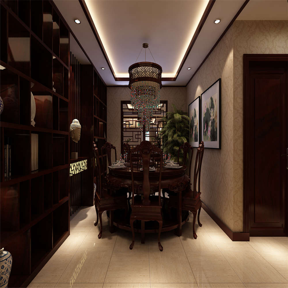 中式风格,四房装修,140平米以上装修,20万以上装修,餐厅,吊顶,餐边柜,褐色