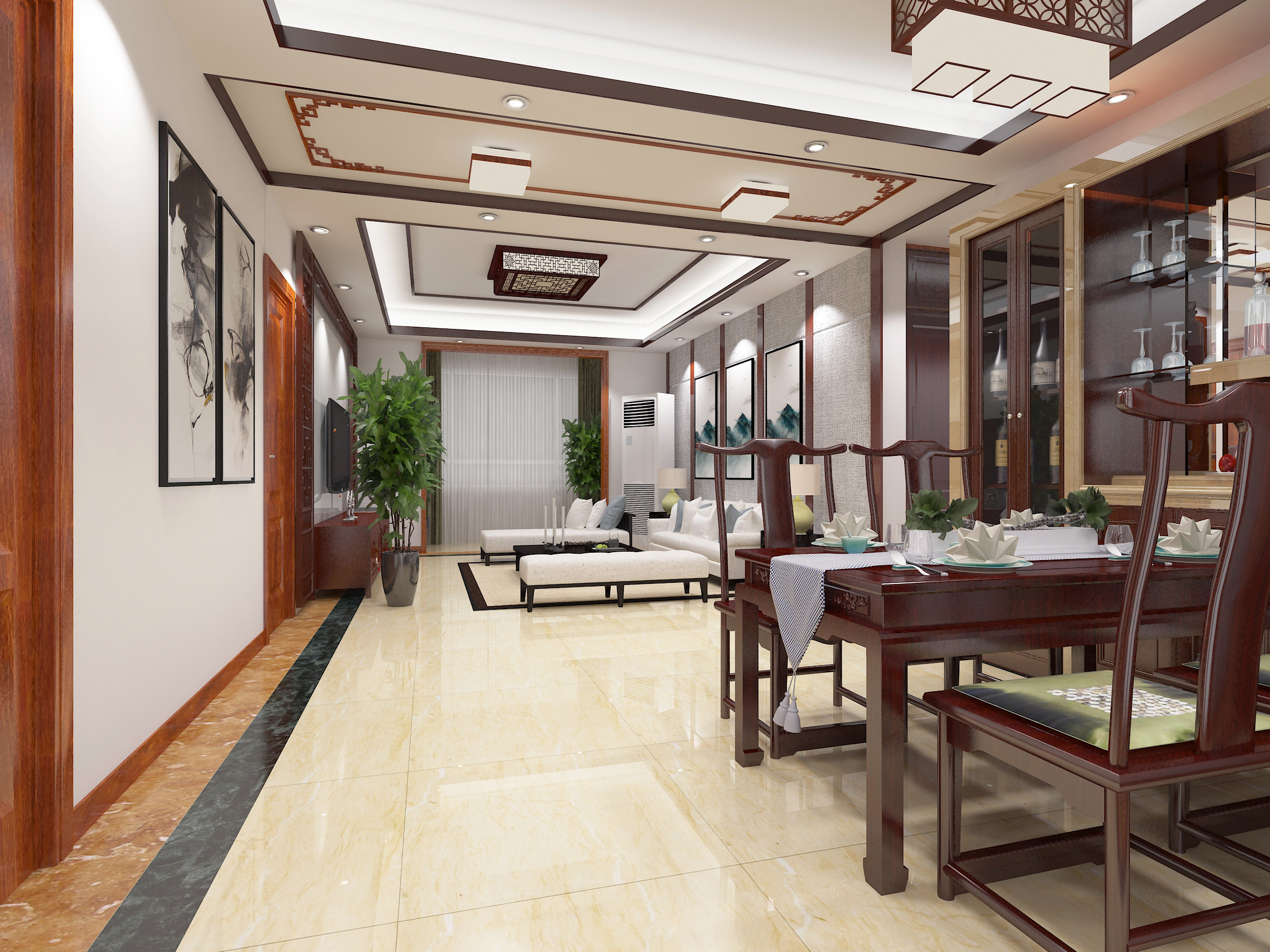 中式风格,20万以上装修,140平米以上装修,三居室装修,餐厅,吊顶